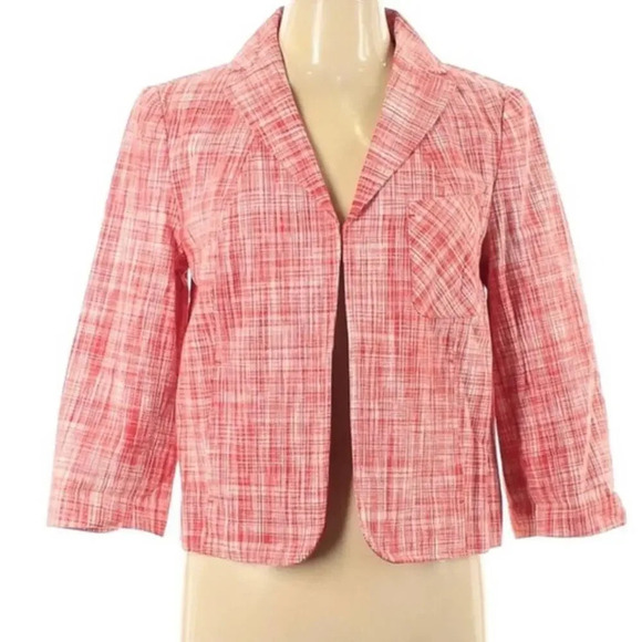 Talbots Womens Linen Blend Tweed Blazer Red Plaid Jacket Classy Mature Valentine - Picture 1 of 7